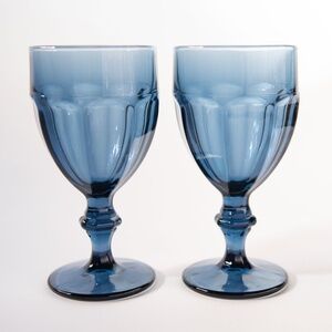 Set of 2 Vintage Libbey Duratuff Faceted Blue Wine Goblets